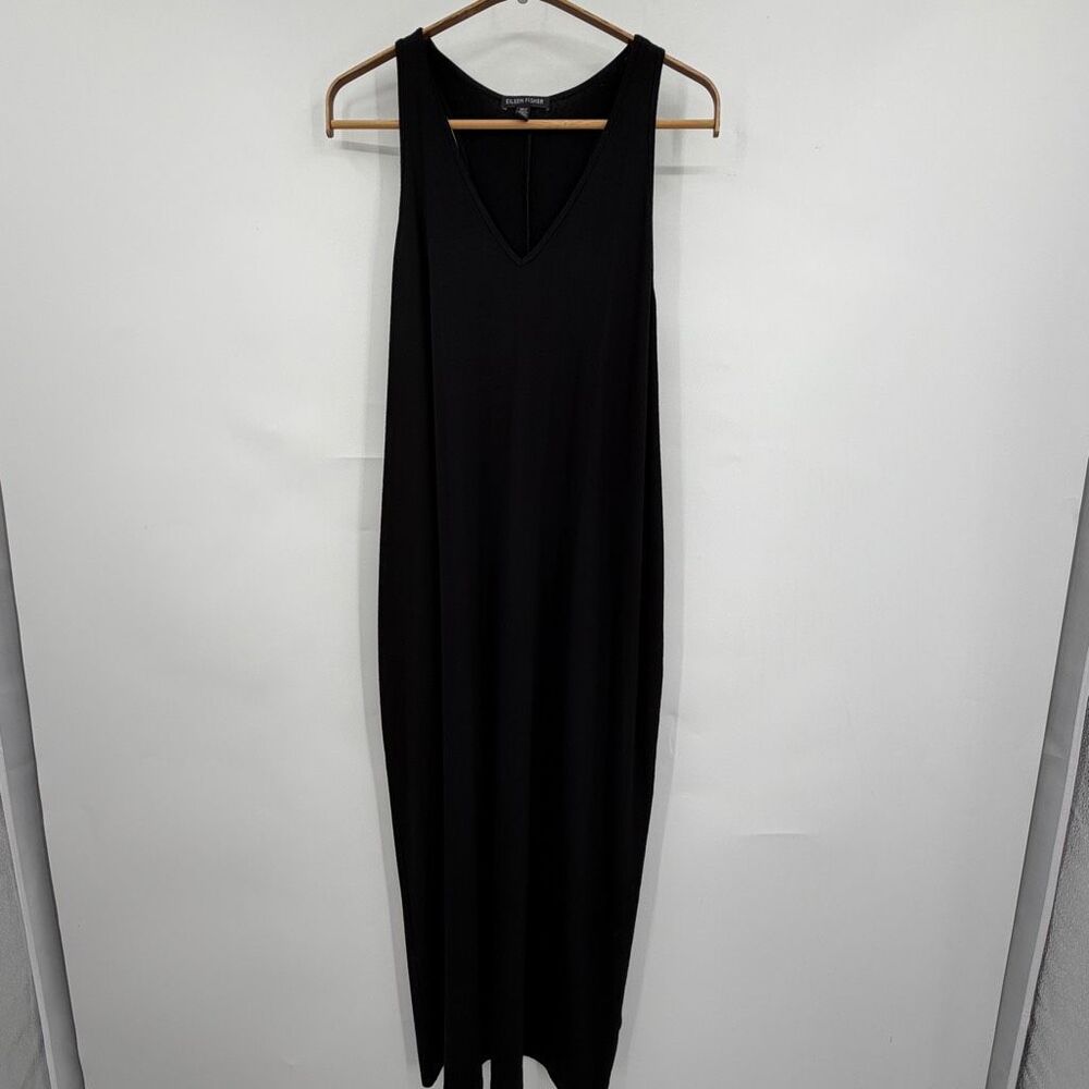 Eileen Fisher Black V Neck Sleeveless Jersey Maxi Dress L Viscose Lycra Minimali
